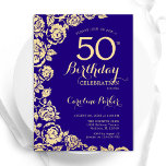 Elegante Paarse gouden Rozen 50e verjaardag Kaart<br><div class="desc">Paarse Gouden Bloemen 50ste Verjaardag Uitnodiging. Elegant ontwerp met rozen,  faux gouden folie en typografisch lettertype. Trendy uitnodigingskaart ideaal voor een stijlvol vrouw bday-feest. Kan worden aangepast aan elke leeftijd. Gedrukte Zazzle-uitnodigingen of direct downloadbare digitale afdrukbare sjabloon.</div>