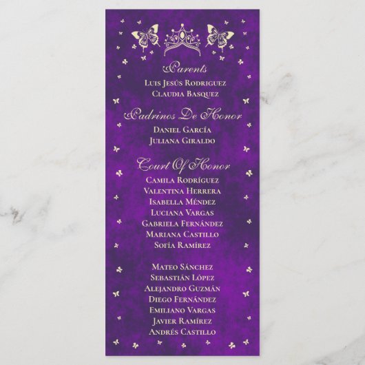Elegante Paarse gouden Tiara vlinders Quinceañera Programmakaart (Achterkant)