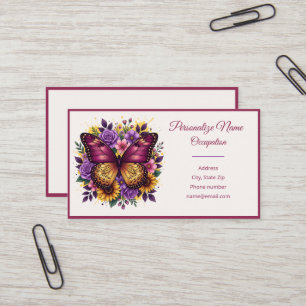 Elegante Paarse & Gouden Vlinder Bloemschilderkuns Visitekaartje