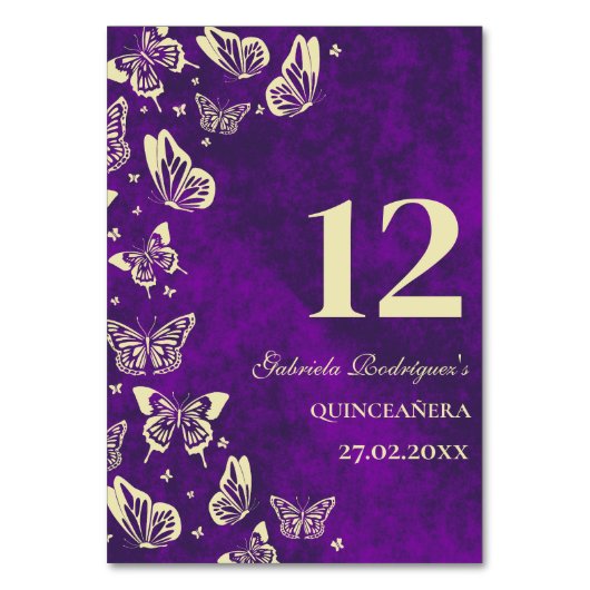 Elegante Paarse Gouden Vlinder Quinceañera Zitplaa Kaart (Voorkant)