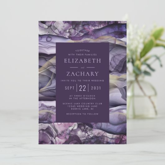 Elegante Paarse gouden vloeibare inkt bruiloft Kaart (Staand voorkant)
