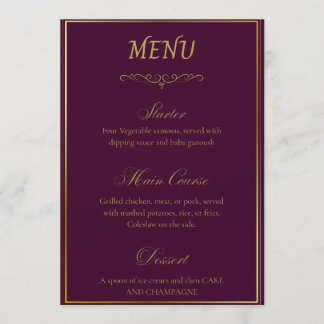 Elegante Paarse & Gouden Zwaan Crest Trouwmenu Menu