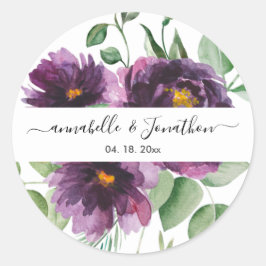 Elegante Paarse groene bloemenbruiloft Ronde Sticker