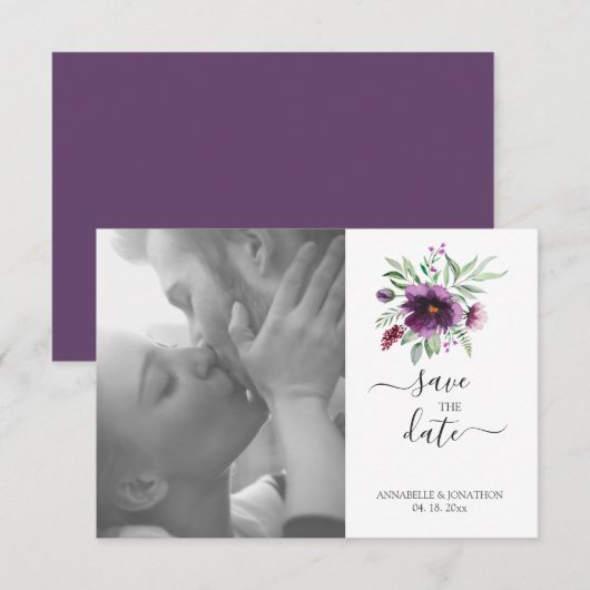 Elegante Paarse groene bloemenbruiloft Save The Date (Voorkant / Achterkant)