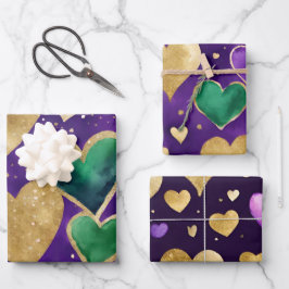 Elegante paarse, groene en gouden harten Mardi Gra Inpakpapier Vel