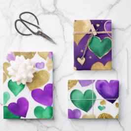Elegante paarse, groene en gouden harten Mardi Gra Inpakpapier Vel