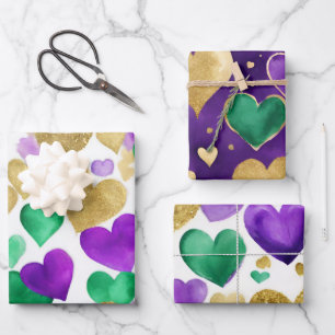 Elegante paarse, groene en gouden harten Mardi Gra Inpakpapier Vel