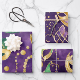 Elegante Paarse, Groene en Gouden Maskers Mardi Gr Inpakpapier Vel