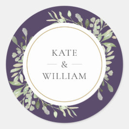 Elegante Paarse Groene Huwelijksgunst Goud Ronde Sticker