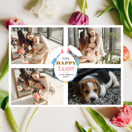 Elegante Paarse Happy Easter Ears Eggs Familiefoto Feestdagenkaart