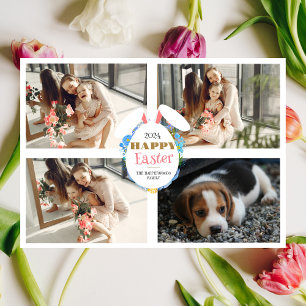 Elegante Paarse Happy Easter Ears Eggs Familiefoto Feestdagenkaart