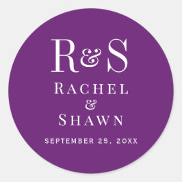 Elegante Paarse Herfst Chic Modern Monogram Huweli Ronde Sticker