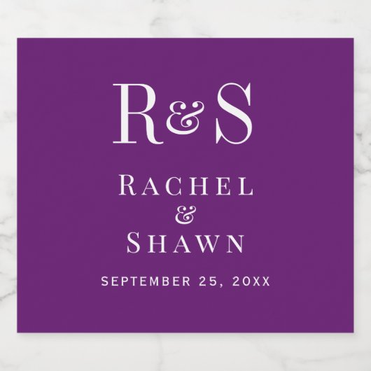 Elegante Paarse Herfst Chic Modern Monogram Huweli Sparkling Wijnetiket (Enkel label)