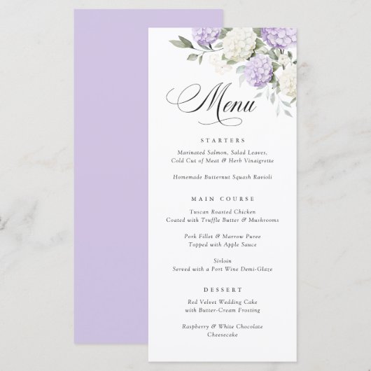 Elegante paarse hortensia groen wedding menu (Voorkant / Achterkant)