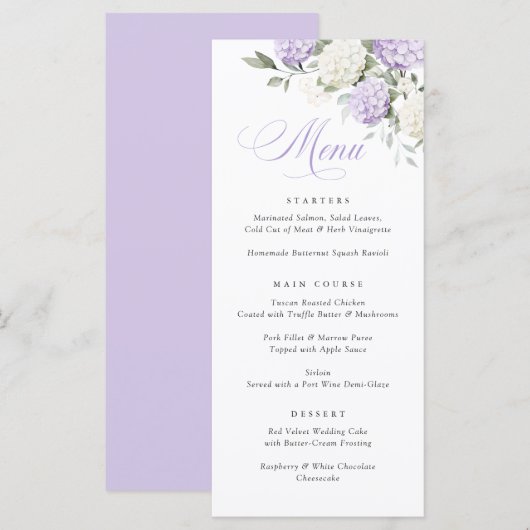 Elegante paarse hortensia groen weddingmenu menu (Voorkant / Achterkant)