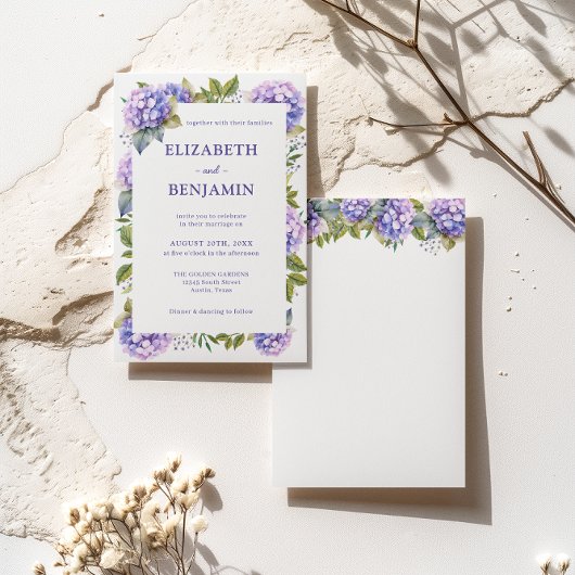 Elegante Paarse Hortensia's Aquarel Bruiloft Kaart