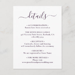Elegante paarse huwelijksdetails in script lettert informatiekaartje