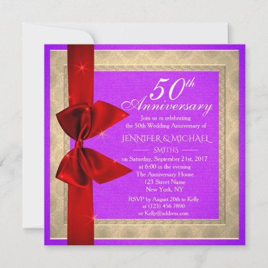Elegante paarse huwelijksjubileum uitnodiging (Voorkant)
