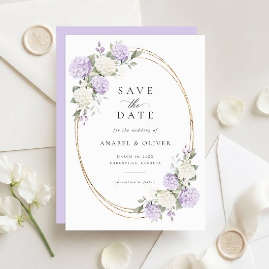 Elegante Paarse Hydrangea Trouw Save the Date Kaart