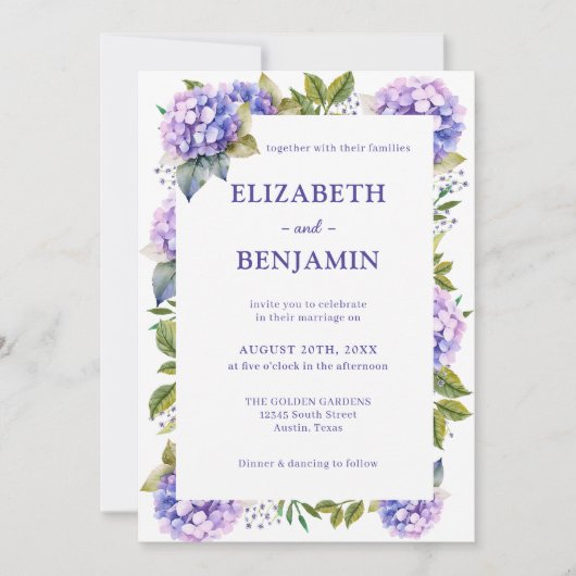 Elegante Paarse Hydrangeas Waterverf Bruiloft Kaart (Voorkant)