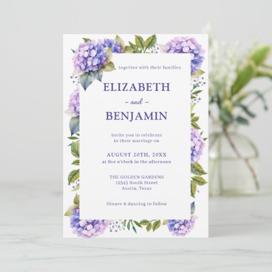 Elegante Paarse Hydrangeas Waterverf Bruiloft Kaart (Staand voorkant)