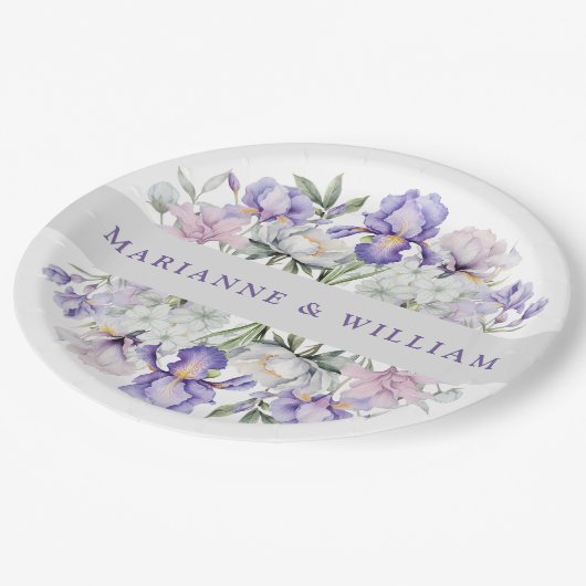 Elegante Paarse iris romantische bloemenbruiloft Papieren Bordje (Gekanteld)