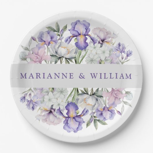 Elegante Paarse iris romantische bloemenbruiloft Papieren Bordje (Voorkant)