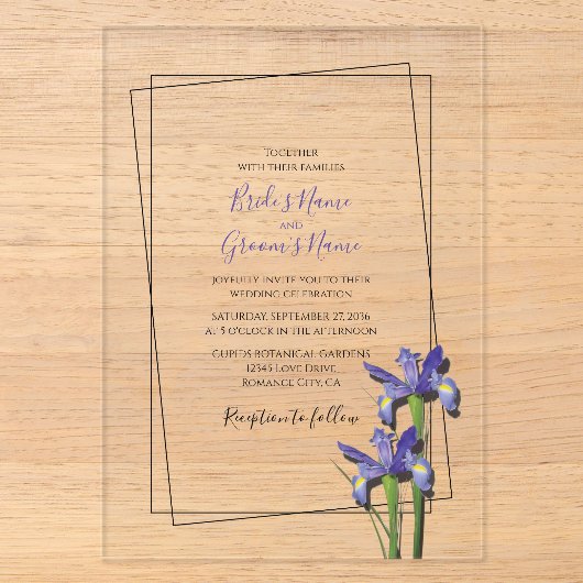 Elegante Paarse Iris Trouwkaarten Acryl Uitnodigingen (Voorkant)