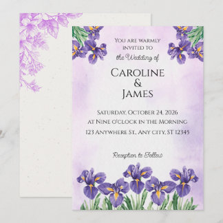 Elegante Paarse Iris Waterverf Bloemige Trouw Uitn Kaart