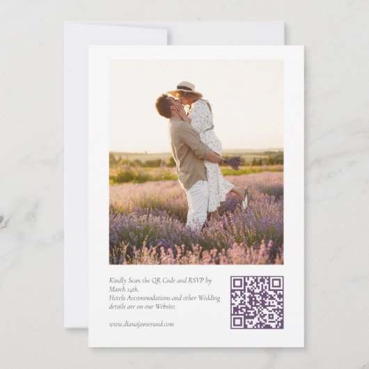 Elegante Paarse Kalligrafie QR Code Fotobruiloft Save The Date (Achterkant)