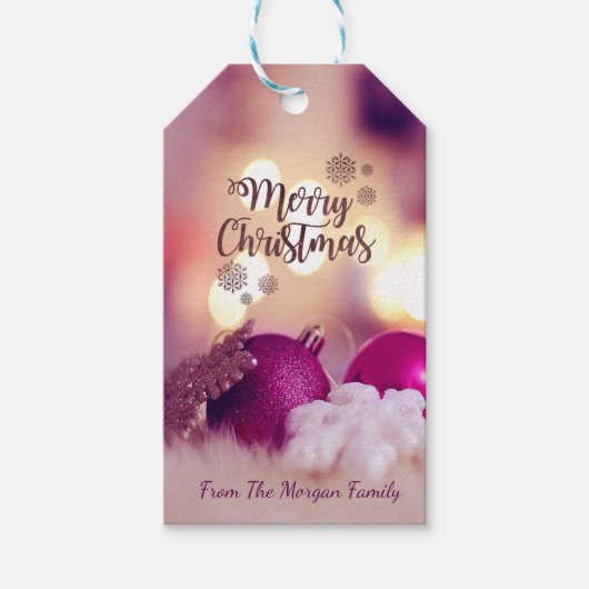 Elegante paarse kerstballen cadeaulabel (Voorkant)