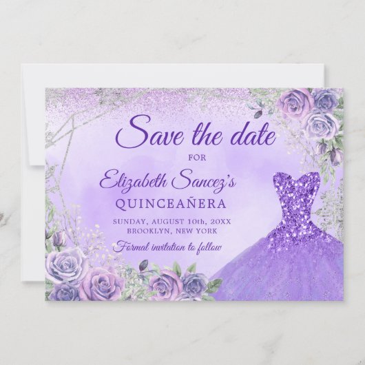 Elegante Paarse Kerstmis Mis Quince Save The Date Kaart (Voorkant)