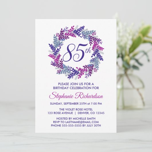 Elegante Paarse krans 85e verjaardag Kaart (Staand voorkant)