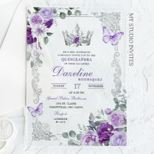 Elegante paarse kroon Quinceanera in lila tint Acryl Uitnodigingen