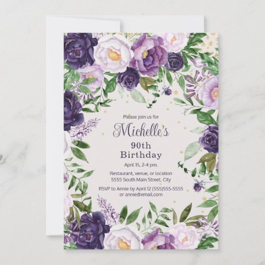 Elegante Paarse Lavendel Bloemen 90ste Verjaardag Kaart (Voorkant)
