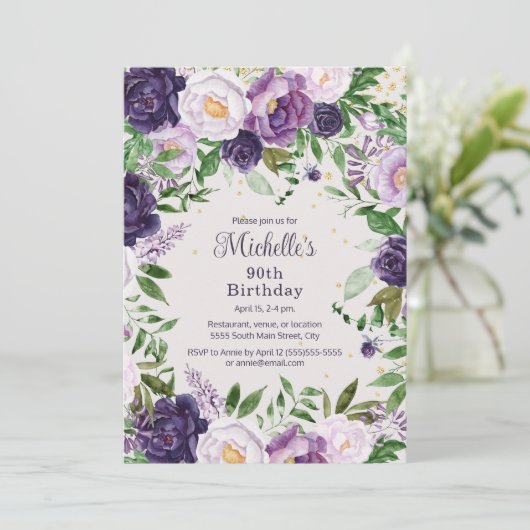 Elegante Paarse Lavendel Bloemen 90ste Verjaardag Kaart (Staand voorkant)