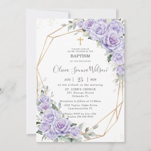 Elegante Paarse Lavendel Bloemen Doop Doopsel Kaart (Voorkant)