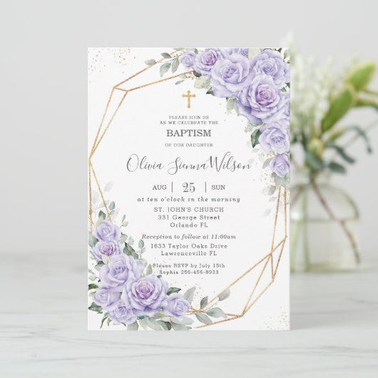 Elegante Paarse Lavendel Bloemen Doop Doopsel Kaart (Staand voorkant)