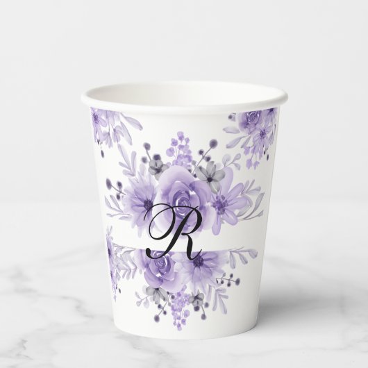 Elegante Paarse Lavendel Bloemen Waterverf Papieren Bekers (Achterkant)