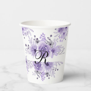 Elegante Paarse Lavendel Bloemen Waterverf Papieren Bekers