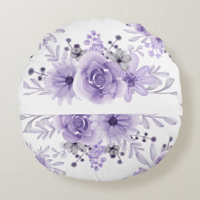 Elegante Paarse Lavendel Bloemen Waterverf Rond Kussen (Voorkant)