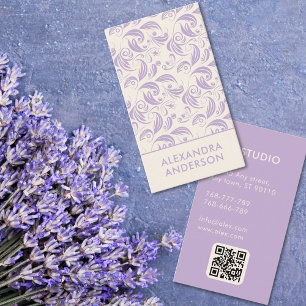Elegante Paarse Lavendel Bloemenpatroon QR-code Visitekaartje