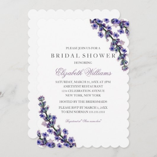 Elegante Paarse Lavendel Bruids Douche Uitnodiging (Voorkant / Achterkant)