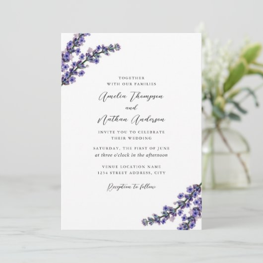 Elegante Paarse Lavendel Bruiloft Kaart (Staand voorkant)