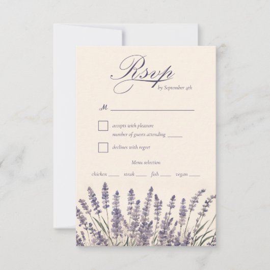Elegante Paarse Lavendel Bruiloft Maaltijd Keuze RSVP Kaartje (Voorkant)