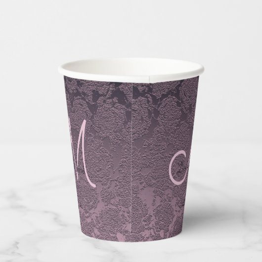Elegante Paarse Lavendel Mauve Bruiloft Monogram Papieren Bekers (Rechts)