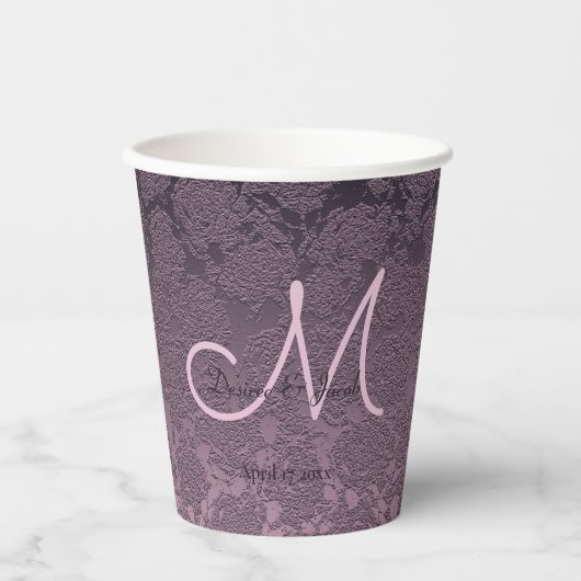 Elegante Paarse Lavendel Mauve Bruiloft Monogram Papieren Bekers (Voorkant)