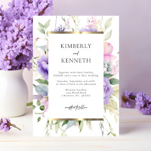 Elegante Paarse Lavendel Roze Bloemen Bruiloft Kaart