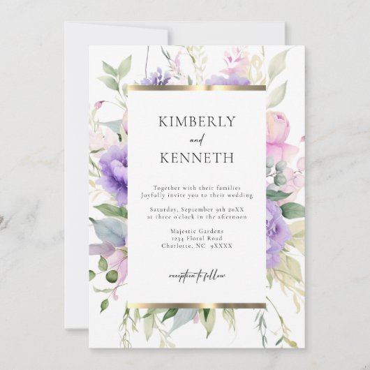Elegante Paarse Lavendel Roze Bloemen Bruiloft Kaart (Voorkant)