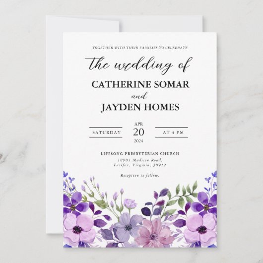 Elegante Paarse liefde bruiloft uitnodiging (Voorkant)